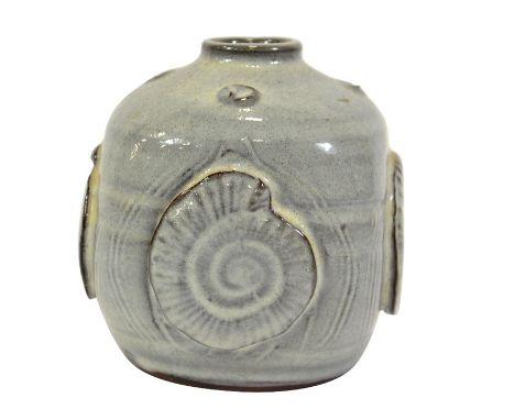 Dorothy Kemp, a studio pottery lamp base, square section ovoid form with applied relief moulded shells, grey glazed, impresse