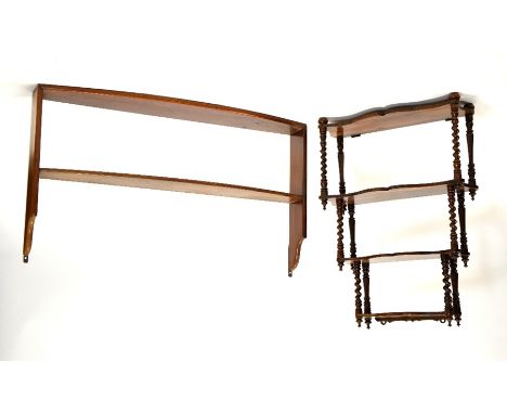 A Victorian rosewood four tier wall shelf, ogee fronted, graduated shelves supported on barley twist columns, together with a