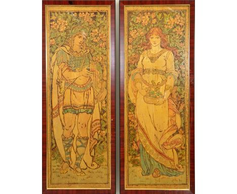 PreRaphaelite School, Tristram and Isolde, a pair of pyrography panels, polychrome decorated, in the style of Edward Burne Jo
