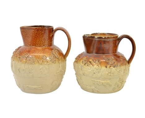 Two 19th century salt glazed stoneware hunting jugs, sprigged with tavern scenes, 19.5cm high (2)