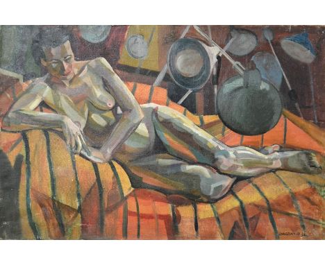 † Geoffrey Underwood (British, 1927-2000), Reclining Nude Portrait, oil on canvas, signed and dated 52, 51cm x 77cm, unframed