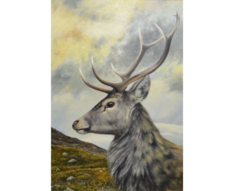 Timothy Greenwood (British, 1946-2010), Portrait of a Stag with Mountain Background, oil on canvas, signed, 86cm x 60cm, fram