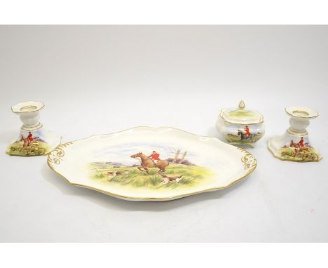 B Bentley for Royal Crown Derby, a hunting scene dressing table set, including tray, candlesticks and lidded pot, decorated w