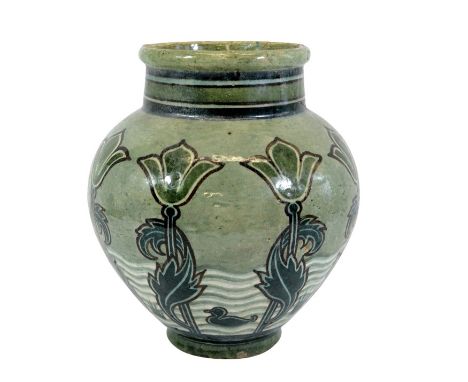 Maw and Co., an Arts and Crafts vase, circa 1890, in the style of William De Morgan, ovoid form, painted with stylised tulips