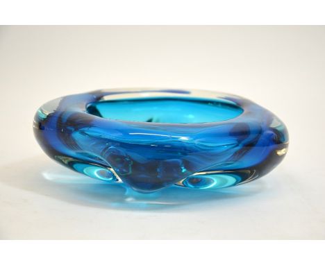 Geoffrey Baxter for Whitefriars, a Kingfisher blue cased glass lobed bowl, pattern 9625, circa 1965, pentagonal form, 22cm di