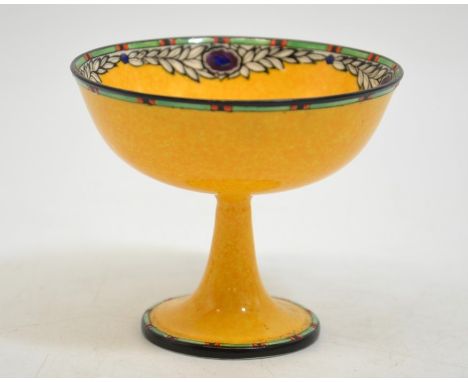 A Royal Worcester Art Deco pedestal bowl, 1924, mottled yellow with foliate border and purle flowers, puce mark, 8.5cm high