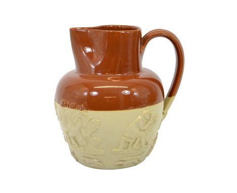A Bourne Denby stoneware tavern jug, relief moulded sprigged design in Denby colours, fox hunting, vine and grape motifs, imp