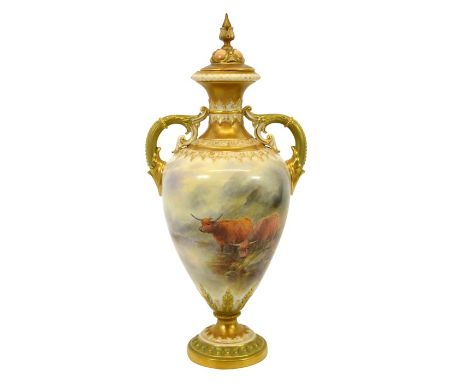 John Stinton for Royal Worcester, a twin handled pedestal vase, painted with Highland cattle watering in a misty landscape, 1