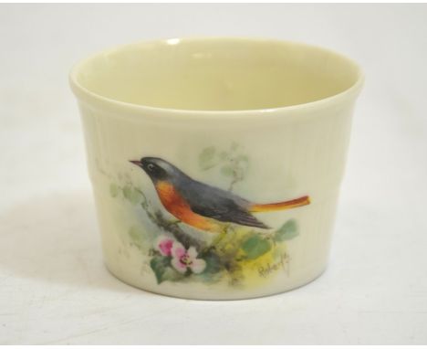Roberts for Royal Worcester, a relief moulded dish, 1938, painted with a redstart, coopered bucket form, green mark, 7cm diam