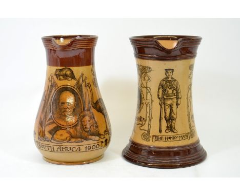 A Doulton Lambeth stoneware commemorative jug, South Africa 1900, Central portrait bust of Lord Roberts within exotic animals