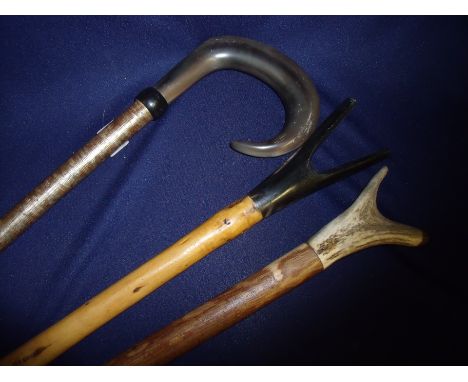 Three shepherd style crooks including two thumb sticks and a a rams horn handled stick (3)