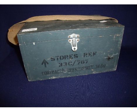 Military RAF style storage box with canvas carrying strap with broad arrow mark and painted detail stores 33C/767