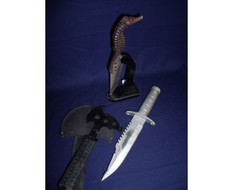 Fantasy style seahorse hilted knife, a diver style knife and a sheath  survival axe (3)