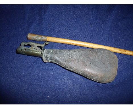 Leather bodied shot flask and a Kings Own Yorkshire Light Infantry Officers swagger cane (2) 