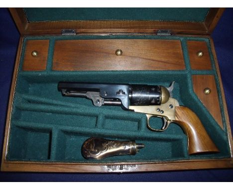 Marquetry inlaid pistol case fitted out for a colt pistol with accessories containing a replica of a colt model 1851 Navy 6 s
