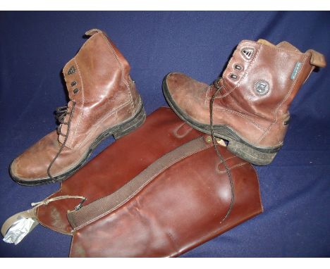 Pair of Elite brown leather ankle boots and a pair of tread step Galway Gaiters 