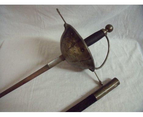 Late Victorian cup hilt rapier with 34 inch triangular form blade complete with velvet bound scabbard 