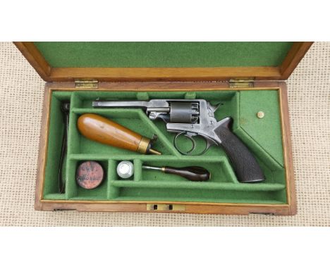 Cased Beaumont Adams 120 bore percussion cap revolver by Charles Playfair, the top strap engraved Chas. Playfair 70 Union Str