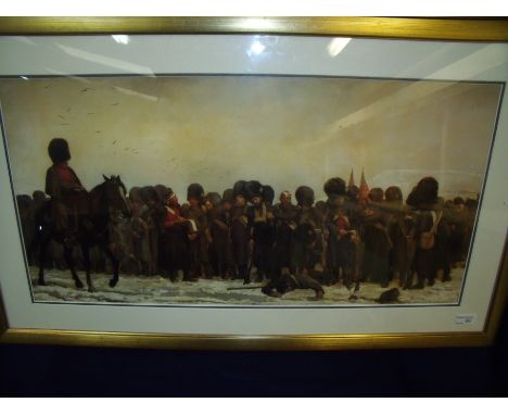 Framed and mounted Thompson military print depicting 19th C period British Guards Regiment in snowy conditions (96cm x 57cm i