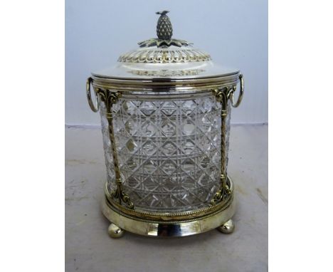 A late 19th century early 20th century electroplated and hob-nail cut glass drop-ring handled  biscuit barrel, circa 1900, fr