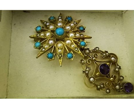 A 15ct Edwardian amethyst and pearl pendant; together with a Victorian star brooch
