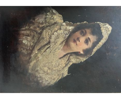 Adolfo Aguila Y Acosta (c.1860-c.1912): Portrait of a lady in lace, oil on board, signed 