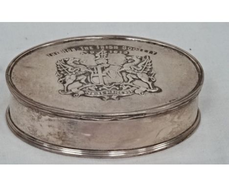 Of "The Honorable Irish Society" interest, An Edwardian silver presentation table snuff or trinket box,  by Stokes & Ireland,