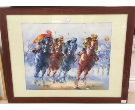 An impressionist painting depicting horseracing, signed 'R Kingmore'