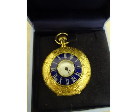 An Elgin 18ct half hunter with blue guillouche enamel chapter ring, the reverse, cartouche set with jewel set peacock, the fe