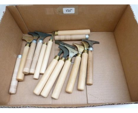 Book Binding Equipment. &nbsp;Nine gold finishing hand tools comprising flat, semi-elliptical &amp; mitre line &amp; decorati
