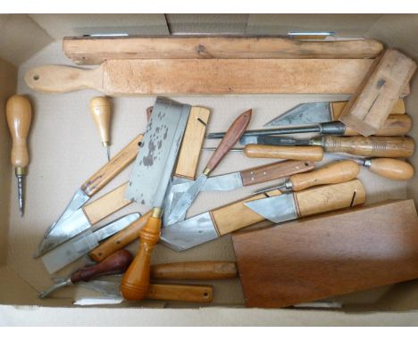Book Binding Equipment. &nbsp;Quantity of book binder's hand tools including handsaw &amp; various knives; sharpening stone, 