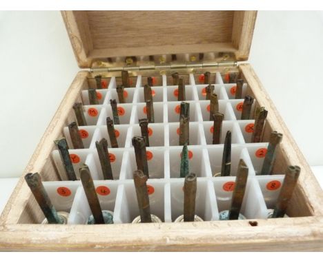 Book Binding Equipment. &nbsp;Wooden box containing 36 book binder's gold finishing hand tools, with letters of the alphabet,