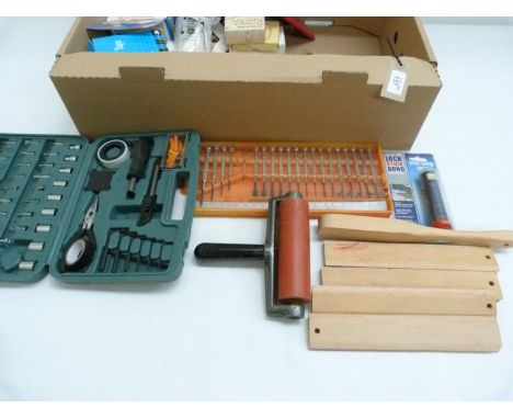 Book Binding Equipment. &nbsp;Carton of various book binder's &amp; other tools incl. a rubber roller; precision wrench &amp;