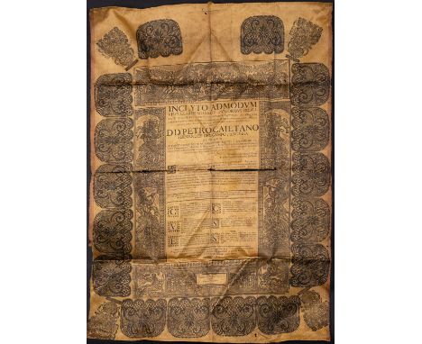 Antique golden silk tapestry printed with the cover of a book in Latin entitled Inclyto Admodum Viro Clarissimo Heroi Puriori