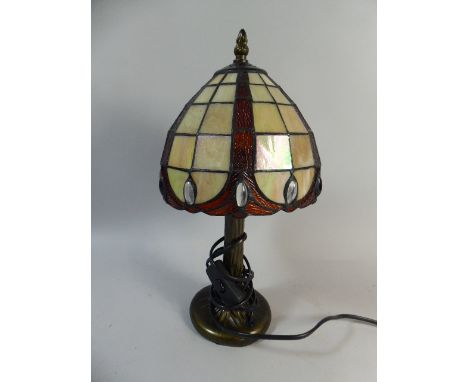 A Reproduction Tiffany Style Table Lamp with Jewelled Shade and Tree Trunk Support, 36cm high 