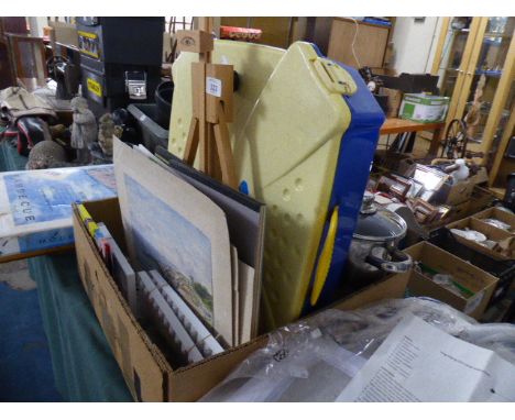 A Box Containing Artist Materials, Tripod, Sketch Pads together with Swing Ball Game 
