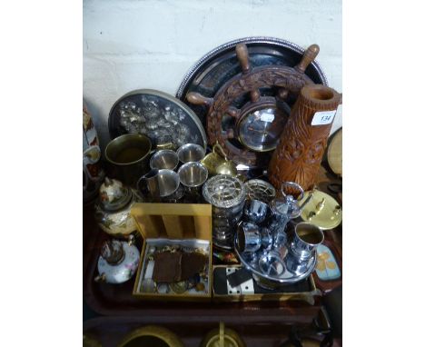 A Tray of Curios to Include Ships Wheel Barometer, Carved Wooden Vase, Costume Jewellery, Boxed Domino's, Silver Plated Goble