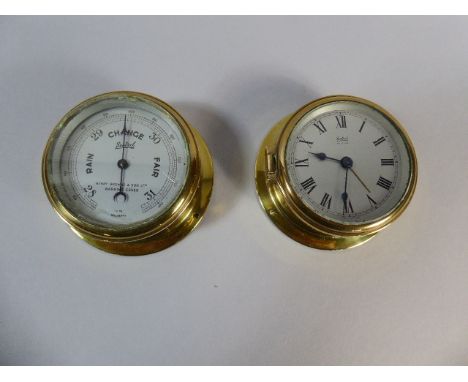 A Pair of Miniature Brass Ships Instruments to Comprising Clock and Barometer by Sestrel, 9cm Diameter   