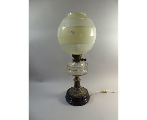A Late Victorian Oil Lamp with Etched and Opaque Shade and Glass Reservoir, 60cm 