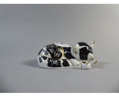 A Royal Crown Derby Cat Paper Weight, Misty, Gold Button