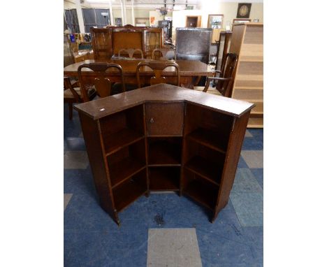 An Edwardian Oak Corner Shelf Unit with Fitted Cupboard Having Pipes Stand, Missing Gallery 96cm Wide