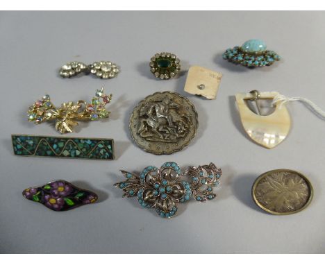 A Collection of Various Turquoise and Jewelled Brooches, Mother of Pearl Belt Buckle, Enamelled Brooch 
