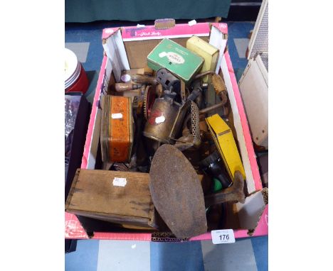 A Box Containing Various Vintage Tools, Blow Lamp Etc