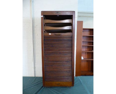 A Vintage Edwardian Oak Filling Cabinet By Simpole with Tambour Front which Falls to Reveal Six Slides, Three Missing, 115cm 