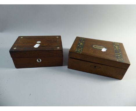 A Small Mother of Pearl Inlaid Rosewood Work Box (Missing Tray) and a Similar Example with Painted Banded Decoration 