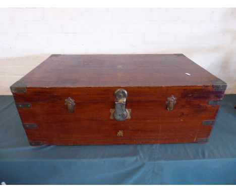 A Vintage Brass Mounted Wooden Travelling Trunk Monogrammed JKB, 92cm Wide