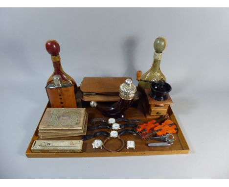 A Tray of Curios to Include Wrist Watches, Miniature Bevelled Bass Ornaments, Wine Saver Cork, Coffee Grinder, Travel Compani