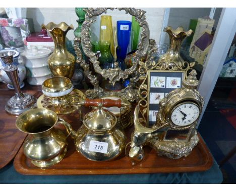 A Tray of Brass Ware to Include Vases, Mantle Clock, Photo Frames, Kettle 
