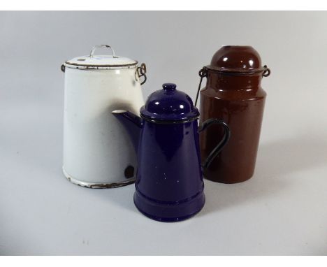 Two Vintage Enamelled Milk Cans and an Enamelled Coffee Pot 