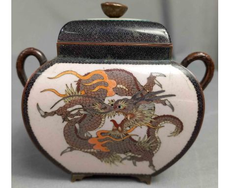 Cloisonné Gefäß mit Deckel und Handhaben Japan. Alt.10 cm x 10,5 cm x 5,5 cm. Handarbeit. Zellenschmelz oder Zellenemail. Imp